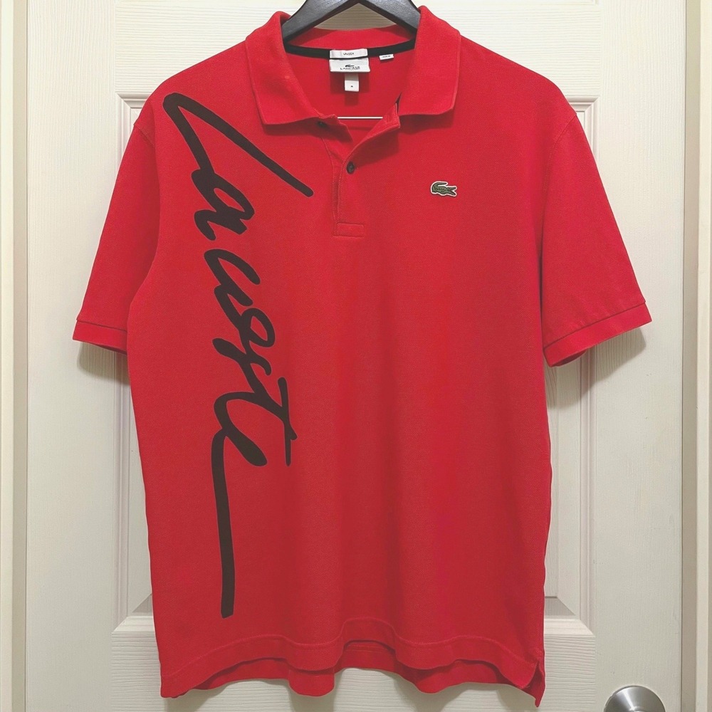 Lacoste L!VE Polo Shirt Red Oversized‎ Script Logo Unisex Medium Streetwear Y2K